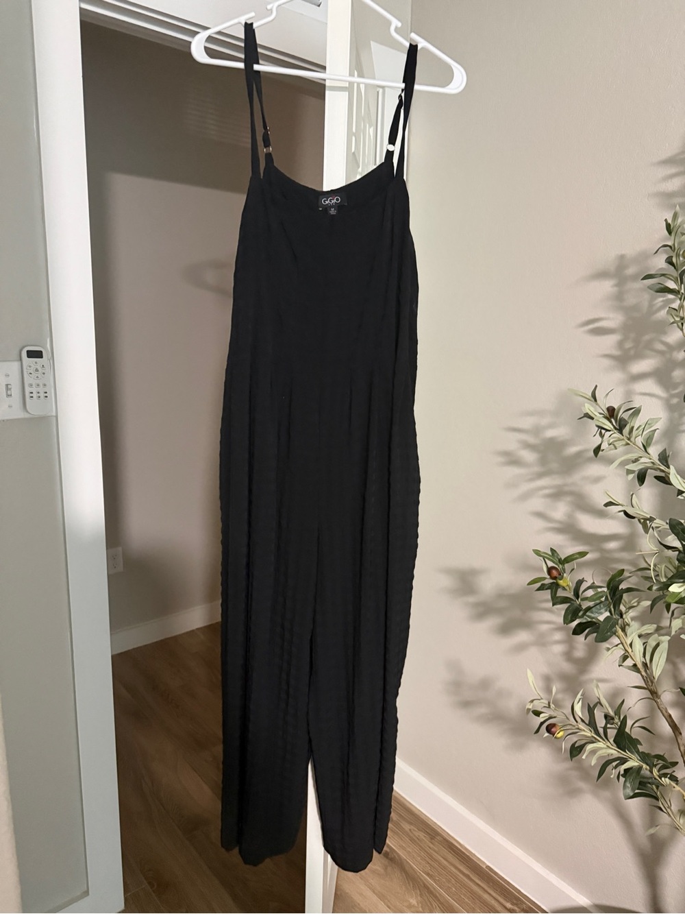Black Textured Wide-Leg Jumpsuit with Adjustable Straps